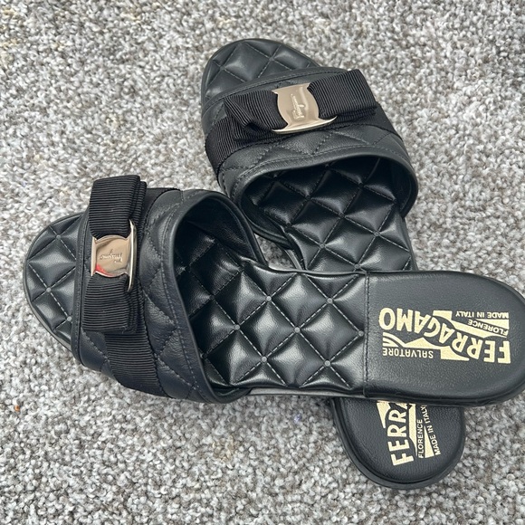 Salvatore Ferragamo Black Quilted Sandals with Gold Accent - Picture 4 of 7